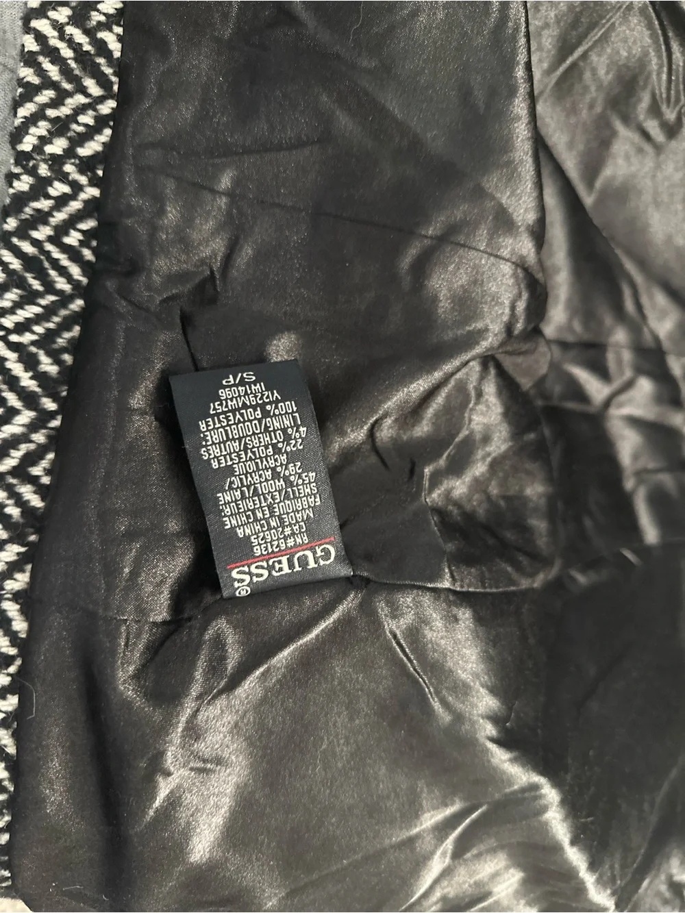 Guess Black and White Herringbone Hooded Fit-and-Flare Dress Coat